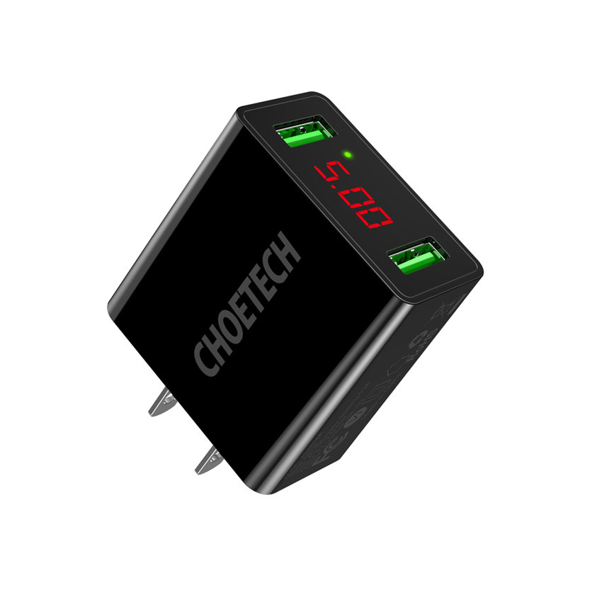 CHOETECH C0028 2*USB A Ports 15W Wall Charger With Digital Display Fast Charging For 7/7 Plus/6S/6S Plus/6 Plus/6/SE (2020)/ 11/ 11Pro/11ProMax/XsMax,/XR/ XS/X/8/8 Plus/ AirPods/Ipad///HTC/Huawei/Moto/xiao MI and More